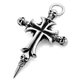 Mens Silver Stainless Steel Skull Cross Gothic Pendant Necklace