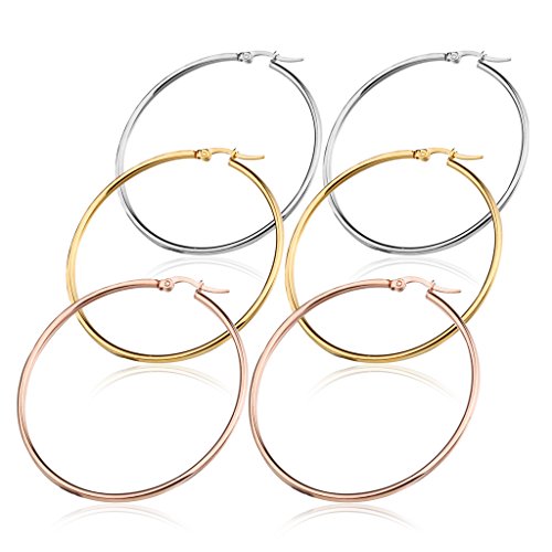 FIBO STEEL 3 Pairs Stainless Steel Hoop Earrings Set for Women 40-60mm