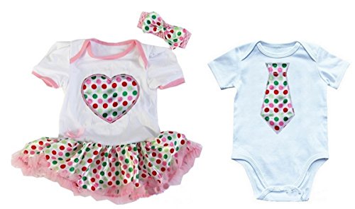Baby Girls Colorful Polka Dots Heart Bodysuit Tutu & Boys Tie Romper Twins Set