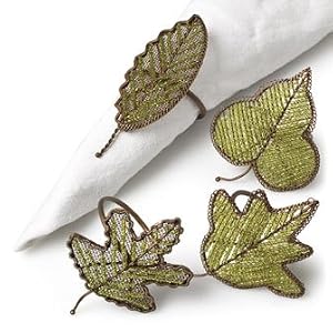 Green Beaded Leaf Napkin Ring - Assorted set of 4