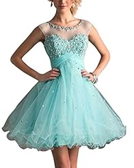  Tulle Beaded Lace Sheer   Backless Short  Ball Gown Evening Dress/Homecoming Dress/Prom Dress  With Rhinestones and Ruffles