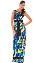 Hot Sale The Sleeveless Boat Neck Maxi Print Dress (Small, Black/Blue/Yellow)