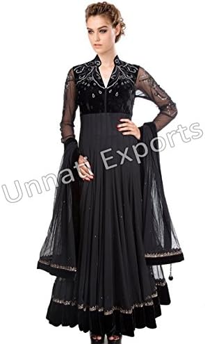 Unnati Women's Designer Bollywood Anarkali Suit With Net Sleeves X-Large - 40" Multicolor