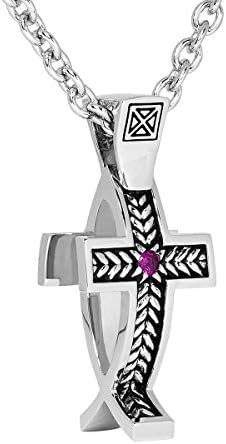 Ecks 2-In-1 Jesus Fish Military Stripes Cross Silver Mens Necklace