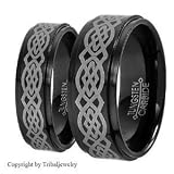 8MM Men & 6MM Women Black Tungsten Carbide Wedding Band Ring Set w/Laser Etched Celtic Design (Available Sizes 4-15 Including Half Sizes)