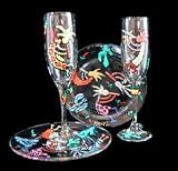 Chilies & Kokopelli Design - Hand Painted - Matching Set of Toasting Flutes - 6 oz. & 7 inch Cake Plates