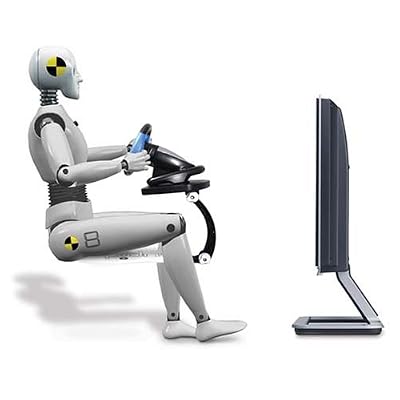 Robot sitting on racing chair holding steering wheel watching tv