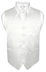 Men's Off-White / Cream Paisley Design Dress Vest and NeckTie Set for Suit or Tuxedo
