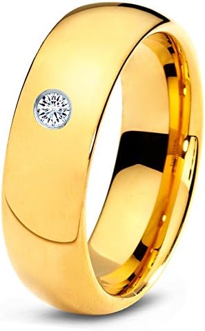 Tungsten Wedding Band Ring 7mm for Men Women Comfort Fit 18K Yellow Gold Cubic Zirconia Stone Domed Round Polished Lifetime Guarantee Size 6