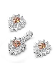 Sterling Silver Wreathed Champagne and Clear CZ Pendant with Earrings Jewelry Set