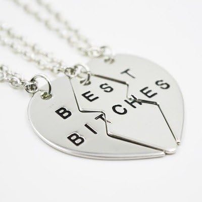 Best Friends BFF Forever Best Bitches Valentine Heart Split into Parts Break Love Heart Pendant Necklace (3 Parts Silver)
