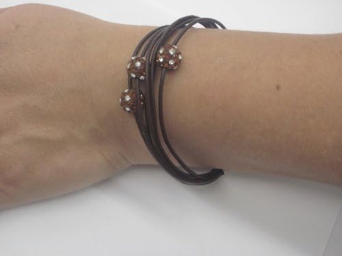 Dark Brown Multi Strand Leather Bracelet with Chocolate Brown and White Studded Pave Crystal Disco Balls. Magnetic Easy Closure. 8 Inch Length.