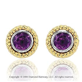 14k Two Tone Gold Rope Bezel Stud Amethyst Earrings