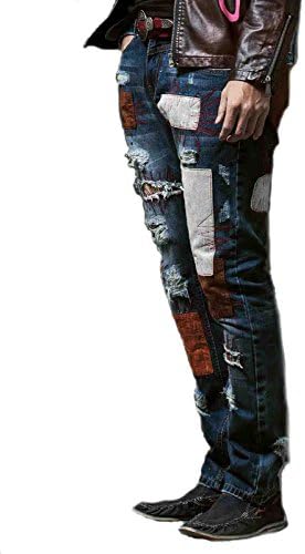 Men's Unique Casual Fashion Stylish Denim Blue Ripped Low-rise Jeans (38/XXXL, Denim Blue)