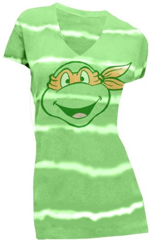  Teenage Mutant Ninja Turtles TMNT Classic Movie TV Series Mike Face Juniors V-neck Green Striped T-shirt Tee Shirt, Small