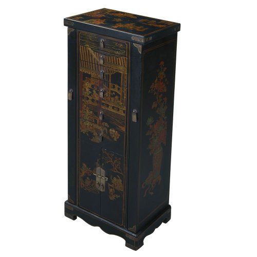 EXP Handmade Oriental Accent 51-Inch Antique Style Black Leather Oriental Jewelry Armoire/Cabinet