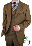 Gino Valentino Vested Mens Suit Made in Italy Australian Worsted Merino Wool / Silk 150's Canvas Front Jacket + Flat Front Pants + Vest 3 Button 3pc Business Suit Taupe / Brown Stripe