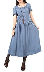 Round Neck Short Sleeves Cotton/Linen/Viscose Piping Keyhole  Dress