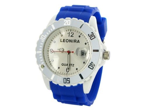Damenuhr Silikon Small Face Doppel Strass Big Face Armbanduhr Watch Uhr Leonira Quarzuhr Datum (UR-34 blau weiß)