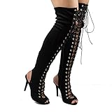 Randi23 Black Thigh High Peep Toe Lace Up Stiletto High Heel Booties-10