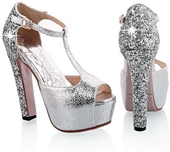QueenFashion Womens Open Toe Peep Toe High Heels Blend Material Solid Sandals with Buckle, Silver, 32