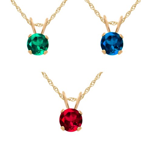 10k Yellow Gold 3 Piece Individually Boxed Pendants Set with 5 mm Round Created Ruby, Created Emerald and Created Sapphire, 18"