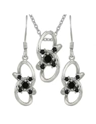 Sterling Silver Plain Links with Round Black Cubic Zirconia Earring and Pendant Set 16 inches chain