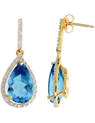 10k Gold Teardrop Earrings w/ Brilliant Cut Diamonds & Pear Cut (12x8mm) Blue Topaz Stone