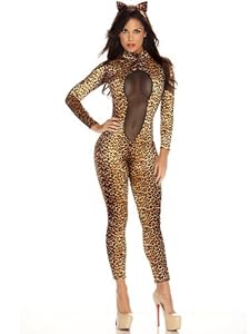 Forplay Kitty Kat Headband and Jumpsuit With Mesh Inset, Brown, Medium/Large