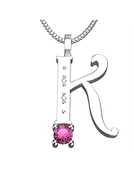Sterling Silver Letter K - October Pink Tourmaline Birthstone 18 Inch Necklace