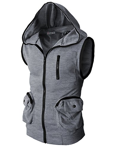 H2H Mens Casual Colorful Sleeveless Hoodie Zip-up Vest GRAYBLACK US M/Asia L (CMOHOSL01)