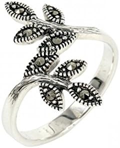 Olive Leaf Band Ring Silver 925 Sterling Silve With Genuine Swarovski Marcasite Size 48-60 Includes Jewelry Gift Box (Marcasite - Silver, 58)
