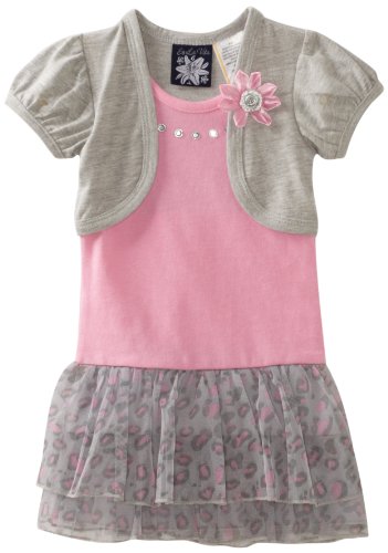 So La Vita Girls 2-6X Toddler Leopard Flower Dress With Hot Fixed Stones, Gray, 3T