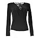 Blooming Jelly Women's Sexy Bandage Plain Deep V Neck Lace Up Long Sleeve Blouse Tops Black,Black,Small / US 2-4