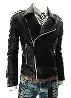 King Ma Men's Pu Leather Stand Collar Zip-up Moto Jacket