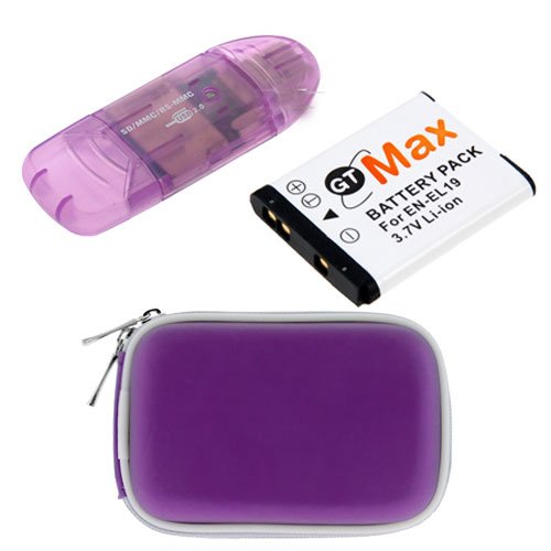 GTMax Replacement EN-EL19 Lithium-Ion Battery + Purple Zipper Pouch Case + Purple USB Memory Card Reader for Nikon COOLPIX S3100 S4100 S2500 Digital Camera
