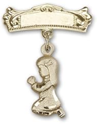 14kt Gold Baby Badge with Praying Girl Charm and Arched Polished Badge Pin