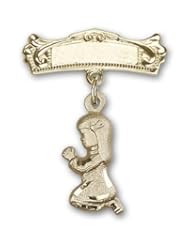 Gold Filled Baby Badge with Praying Girl Charm and Arched Polished Badge Pin
