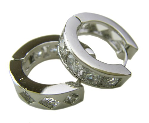 Diamond Hoop Earrings:Sterling Silver Earrings - Single Row Diamond Hoop Earrings Images