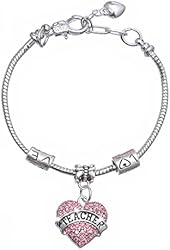 Family Christmas Gift for Teacher Pink Crystal Love Heart Charm Pendant Beads Silver Bangle Bracelet