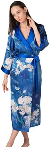 Dynasty Robes 100% Silk, Women's Printed Long Robe with Shawl Collar-Blue Moonlight