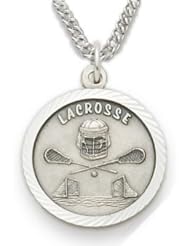 .925 Sterling Silver LaCrosse Medal Pendant, St. Saint Christopher on Back Sports Jewelry w/Chain 20" Length Rhodium Plated Strong Stainless Steel Necklace, Gift Boxed for Boys, Girls, Men or Women