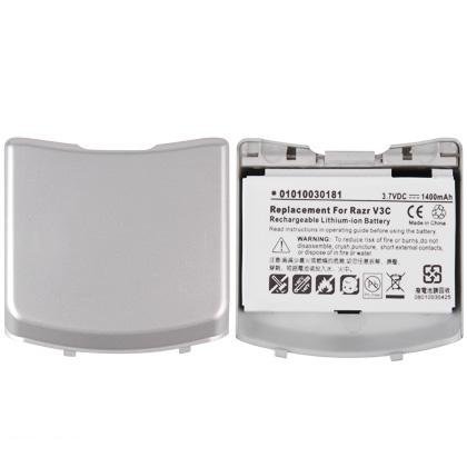 Motorola RAZR V3c V3m Lithium-Ion Silver Extended Replacement Battery 1400mAh 3.7V with Extended Battery Case Cover (NOT compatible GSM Cingular and T-Mobile)