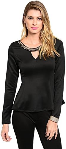 2LUV Women's Long Sleeve Peplum Top W/ Jeweled Neckline Black M (T98738)