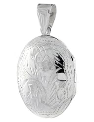 Sterling Silver Oval Locket Hand Engraved, 3/4 x 1 inch