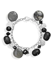 Jewelry: Black Suede Wood, Jasper, and Glass Bead Hammered Disk Fashion Bracelet Silver Plate