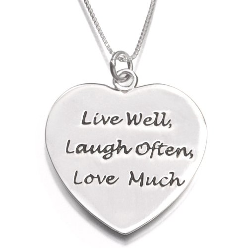 Sterling Silver Live Well - Laugh Often - Love Much Heart Pendant on 16in Necklace
