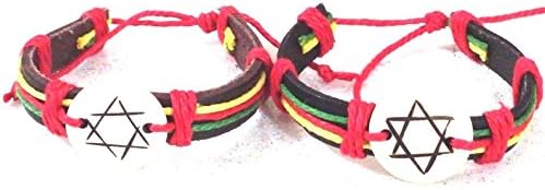 2 Leather BLACK & BROWN Adjustable Kabbalah Bracelet Star of David Reggae Rasta