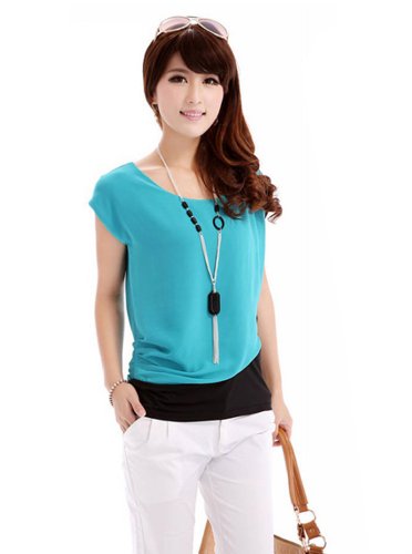 Zehui Women's Crew Neck Block Color Short Sleeve Shirt Chiffon Tops Blouse