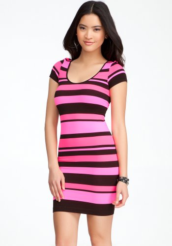 bebe Banded Striped Bodycon Dress -Online Exclusive Tubular Neon Pink/black-p/s